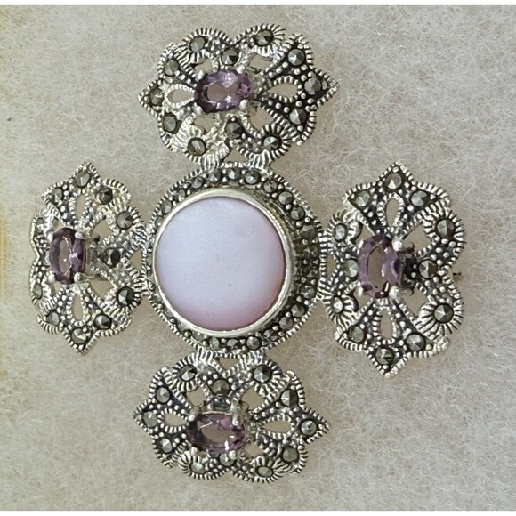 Unbranded Jewelry - Sterling Silver Sparkling Amethyst & Marcasite Brooch Pin Cross Or Four-Lobed